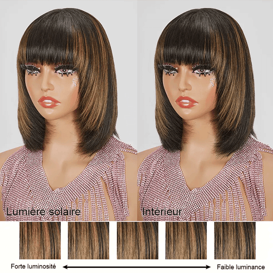 Glueless Couches Highlight Coloré Bob Perruque Sans Colle Avec Frange Lisse - SHINE HAIR