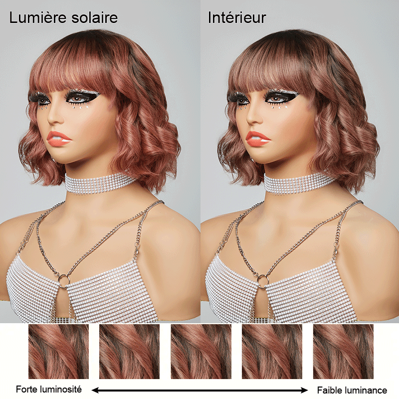 3x1 Dentelle sans colle avec franges or rose ondulées bob