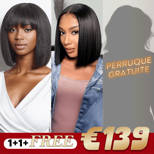 1+1+𝑭𝒓𝒆𝒆💥Lisse Naturel 2x6 Dentelle Perruque 8"+Yaki Lisse Bob Perruque Avec Frange 10"