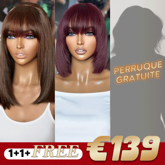 1+1+𝑭𝒓𝒆𝒆💥Marron Bob Perruque Avec Frange Lisse 10"+99J Coloré Bob Perruque Avec Frange Lisse 8"