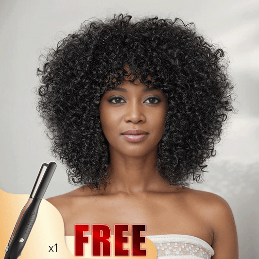 💥𝐅𝐫𝐞𝐞 Glueless Coupe Loup Hirsute Bob Perruque Courte Afro Bouclée Sans Colle Avec Franges