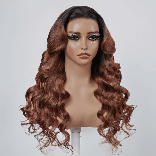 13x4 Glueless Couleur Marron Chocolaté Noir Mélangé Perruque Sans Colle Body Wave Deux Styles