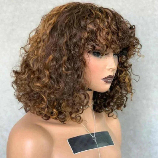 Bob Curly Wig with Bangs Black #4/27 Color 200% Density