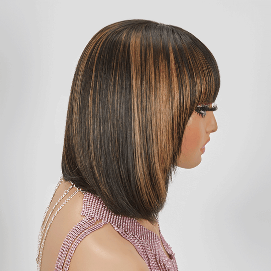 Glueless Couches Highlight Coloré Bob Perruque Sans Colle Avec Frange Lisse - SHINE HAIR