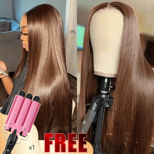 💥𝐅𝐫𝐞𝐞 9x6 Perruque Sans Colle Couleur Brun Chocolat Straight Cheveux Humains