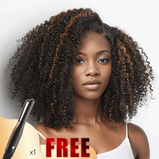 💥𝐅𝐫𝐞𝐞 9x6 Glueless Marron Highlight Bob Kinky Curly Perruque Sans Colle