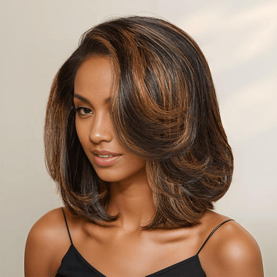 13x4 Glueless Couche Mèches Brune Highlight Bob Perruque Sans Colle Ondulé 250% Densité