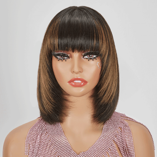 Glueless Couches Highlight Coloré Bob Perruque Sans Colle Avec Frange Lisse - SHINE HAIR