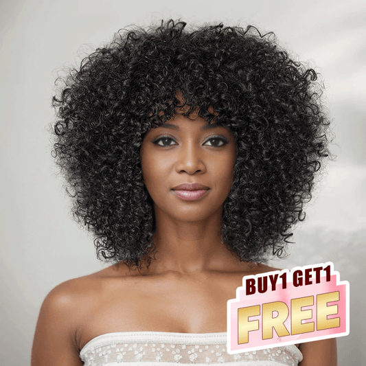 𝑩𝒖𝒚 1 𝑮𝒆𝒕 1 𝑭𝒓𝒆𝒆💥 Glueless Coupe Loup Hirsute Bob Perruque Courte Afro Bouclée Sans Colle Avec Franges