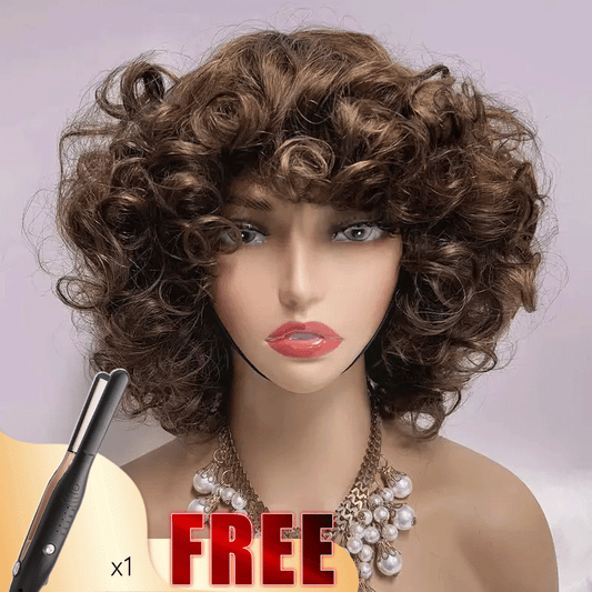 💥𝐅𝐫𝐞𝐞 Duveteux Glueless Bob Boucles Highlight Marron Perruque Sans Colle Cheveux Humains