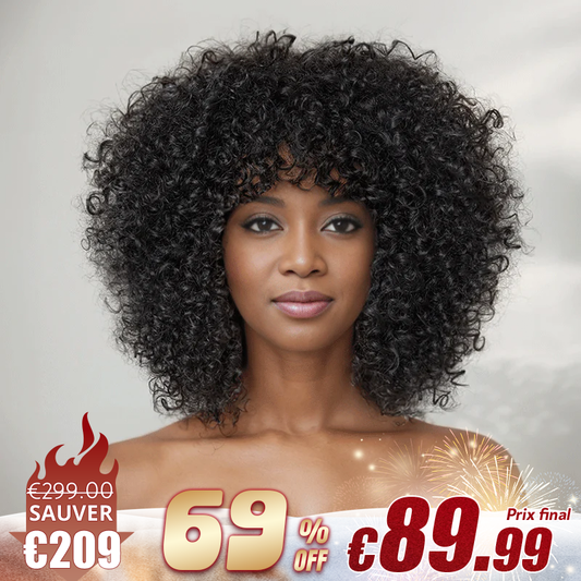 Glueless Coupe Loup Hirsute Bob Perruque Courte Afro Bouclée Sans Colle Avec Franges