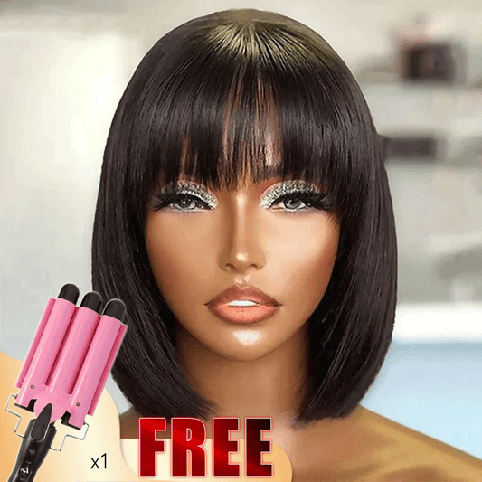 💥𝐅𝐫𝐞𝐞 Glueless Bob Perruque Avec Frange Perruque Cheveux Humains 200% Densité