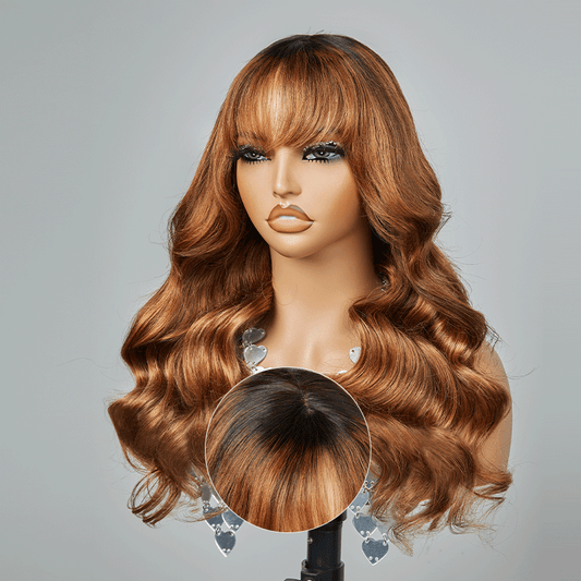 3x1 Dentelle Brun Caramel Orangé Couleur Perruque Avec Frange Body Wave