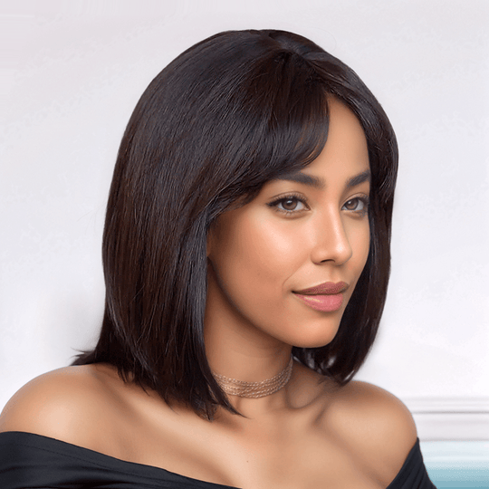 Glueless Brun Foncé Coloré Bob Perruque Sans Colle Avec Frange Lisse