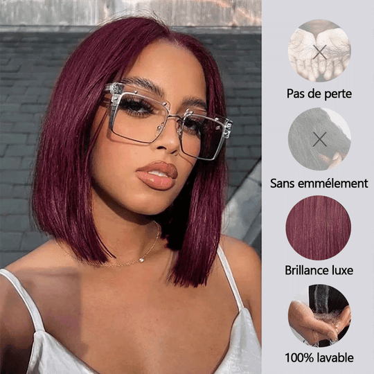 SHINE Design Glamour Prune foncée 99J Couleur Bob Perruque Lisse 250% Densité 2x6 Dentelle