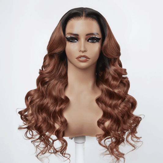 13x4 Glueless Couleur Marron Chocolaté Noir Mélangé Perruque Sans Colle Body Wave Deux Styles