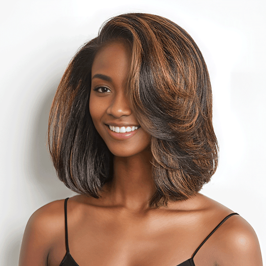 13x4 Glueless Couche Mèches Brune Highlight Bob Perruque Sans Colle Ondulé 250% Densité