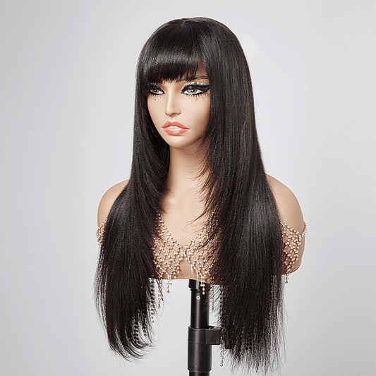 3x1 Dentelle Yaki Straight Perruque Sans Colle Avec Frange Cheveux Humains