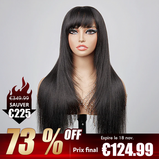 3x1 Dentelle Yaki Straight Perruque Sans Colle Avec Frange Cheveux Humains