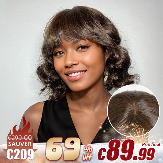 3x1 Dentelle Couleur Brun Chocolat Bob Perruque Longueur Epaules Loose Wave Avec Frange