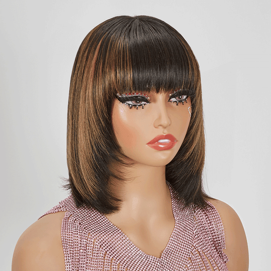 Glueless Couches Highlight Coloré Bob Perruque Sans Colle Avec Frange Lisse - SHINE HAIR