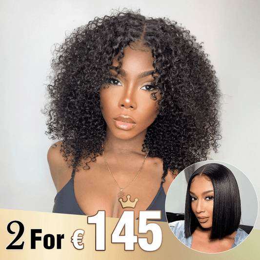 2 𝑭𝑶𝑹 €145.88🔥12"Glueless Bob 4×4 Noir Kinky Curly+8"Coupe Émoussée Soyeux Lisse 2x6 Dentelle Perruque