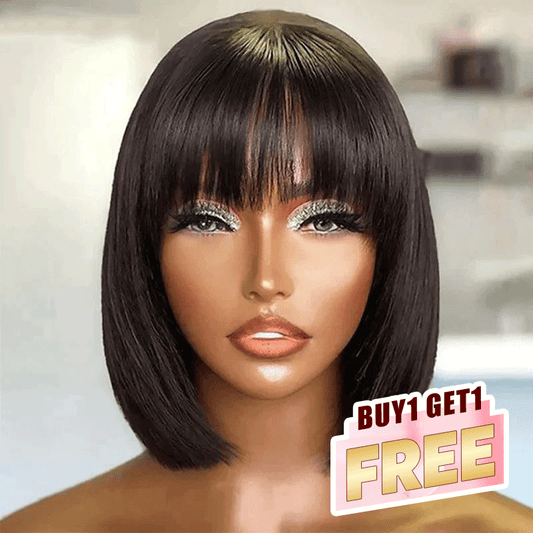 Bob Wig With Bangs Straight Human Hair Wig 200% Density