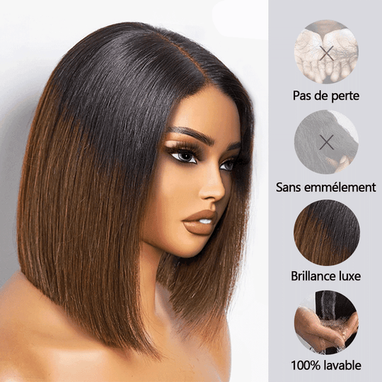 SHINE Design Glam Sans Effort Ultra-plein Ombre Brune Perruque Bob 2x6 Dentelle 250% Densité