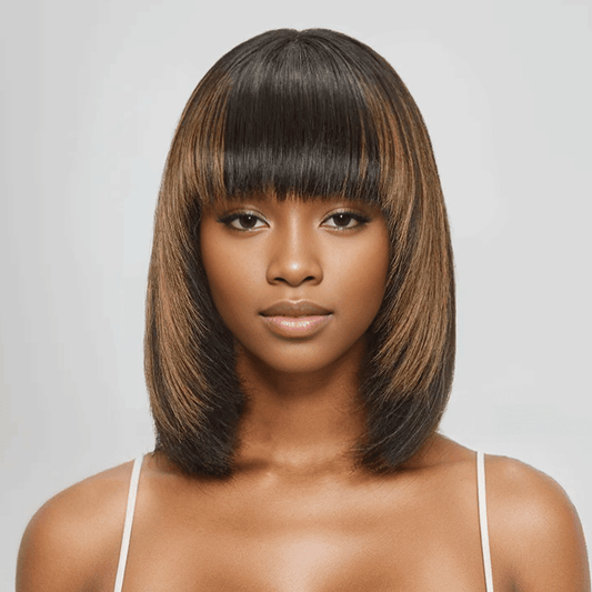 Glueless Couches Highlight Coloré Bob Perruque Sans Colle Avec Frange Lisse - SHINE HAIR