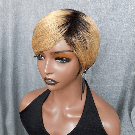 Glueless Couleur Ombre Blonde Pixie Perruque Court Naturel Perruque Sans Colle