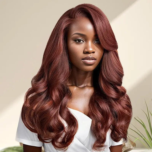 Qualité Supérieure 13x4 C Partie Glueless Brun Rougeâtre Couleur Perruque Sans Colle Body Wave