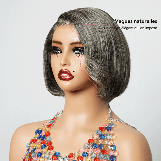 7x5 Glueless Bob Ondulé Avec Séparation Latérale Sel & Poivre Perruque Sans Colle - SHINE HAIR