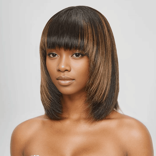 Glueless Couches Highlight Coloré Bob Perruque Sans Colle Avec Frange Lisse - SHINE HAIR