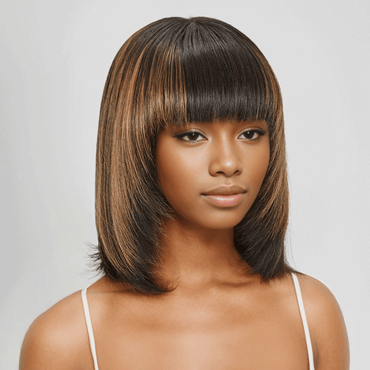 Glueless Couches Highlight Coloré Bob Perruque Sans Colle Avec Frange Lisse - SHINE HAIR