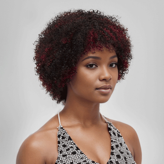Glueless Afro Surlignage Rouge Kinky Curly Courte Bob Perruque Pixie Sans Colle - SHINE HAIR