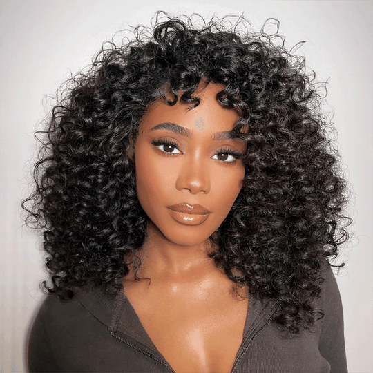 Glueless Bob Perruque Sans Colle Avec Frange Water Curly Texturé Cheveux Humains - SHINE HAIR