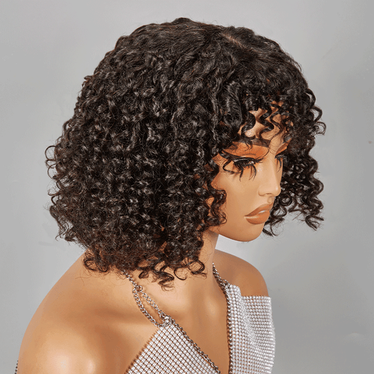 Glueless Bob Perruque Sans Colle Avec Frange Water Curly Texturé Cheveux Humains - SHINE HAIR