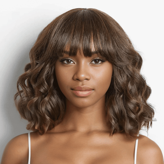 Glueless Mignon Couleur Marron Loose Wave Perruque Bob Sans Colle Avec Franges - SHINE HAIR