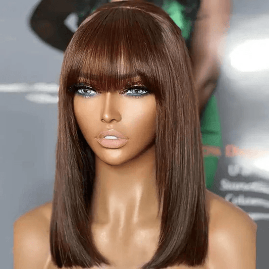 Brown Colored Bob wig with bangs Smooth 200% density