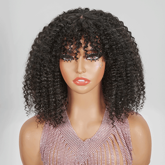 Pour Débutants Glueless Kinky Curly Bob Perruque Sans Colle Avec Frange - SHINE HAIR