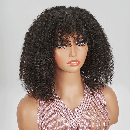 Pour Débutants Glueless Kinky Curly Bob Perruque Sans Colle Avec Frange - SHINE HAIR