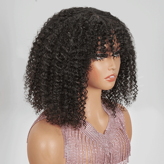 Pour Débutants Glueless Kinky Curly Bob Perruque Sans Colle Avec Frange - SHINE HAIR