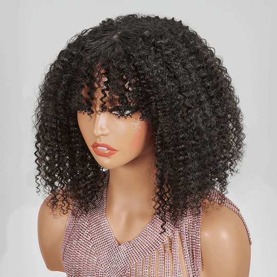 Pour Débutants Glueless Kinky Curly Bob Perruque Sans Colle Avec Frange - SHINE HAIR