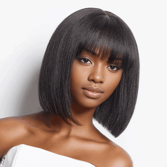 Pour Débutants Glueless Yaki Lisse Bob Perruque Avec Frange Perruque Sans Colle - SHINE HAIR