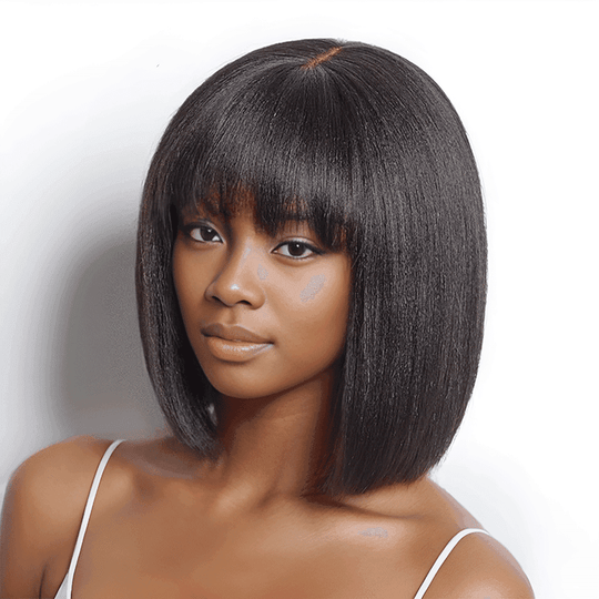 Pour Débutants Glueless Yaki Lisse Bob Perruque Avec Frange Perruque Sans Colle - SHINE HAIR