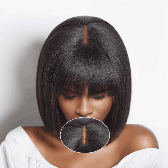 Pour Débutants Glueless Yaki Lisse Bob Perruque Avec Frange Perruque Sans Colle - SHINE HAIR